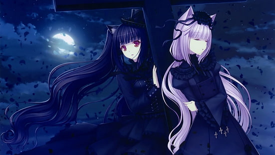 Zwei schwarze und lila-behaarte weibliche Hexen-Anime-Charaktere, Sayori, Anime, Anime-Mädchen, Nekomimi, Vanille (Neko Para), Neko Para, Schokolade (Neko Para), Bildroman, Katzenmädchen, Gothic, Fantasy-Mädchen, Mond, HD-Hintergrundbild HD wallpaper