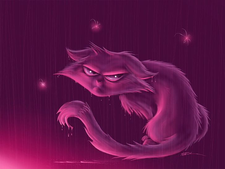 gray cat illustration, cat, rain, resentment, HD wallpaper