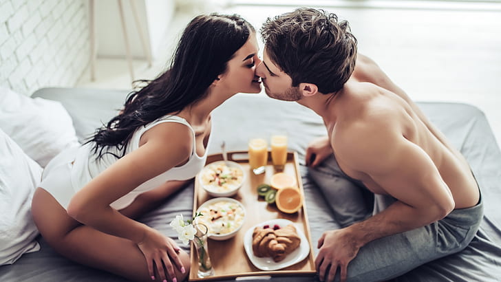 любовь, поцелуй, пара, завтрак, HD обои