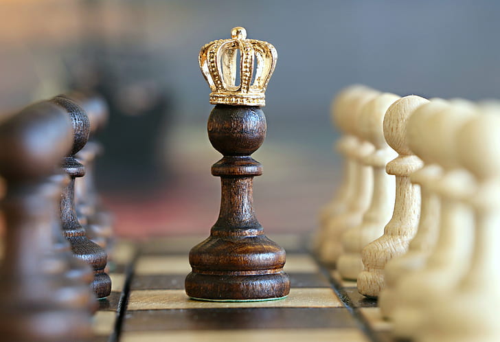 chess, board games, pawns, king, crown, checkered, checkerboard, depth of field, closeup, imagination, HD wallpaper
