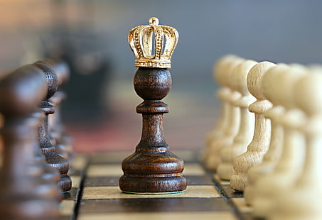chess, board games, pawns, king, crown, checkered, checkerboard, depth of field, closeup, imagination, HD wallpaper HD wallpaper