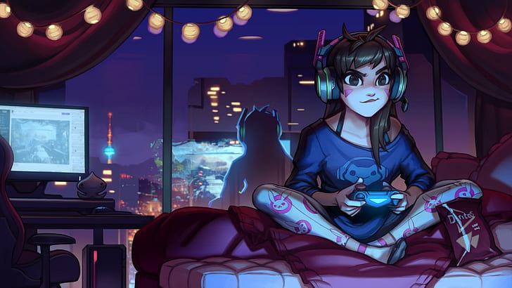 gadis yang duduk di tempat tidur memegang ilustrasi pengontrol permainan, Overwatch, D.Va (Overwatch), Wallpaper HD