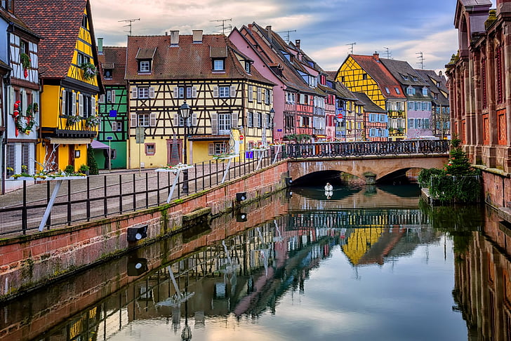 Towns, Colmar, Alsace, Bridge, Canal, Colors, France, House, Reflection, HD wallpaper