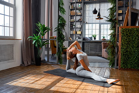 girl, pose, room, interior, Mike, hairstyle, Mat, brown hair, fitness, twine, stretching, pigtail, leggings, flexible, exercise, HD wallpaper HD wallpaper