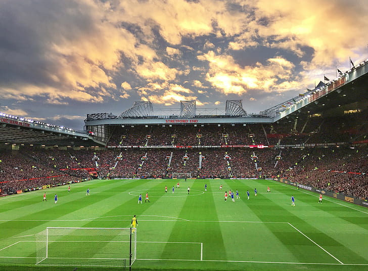 Manchester United gegen Chelsea, Chelsea, Manchester United, altes trafford, Sonnenuntergang, HD-Hintergrundbild