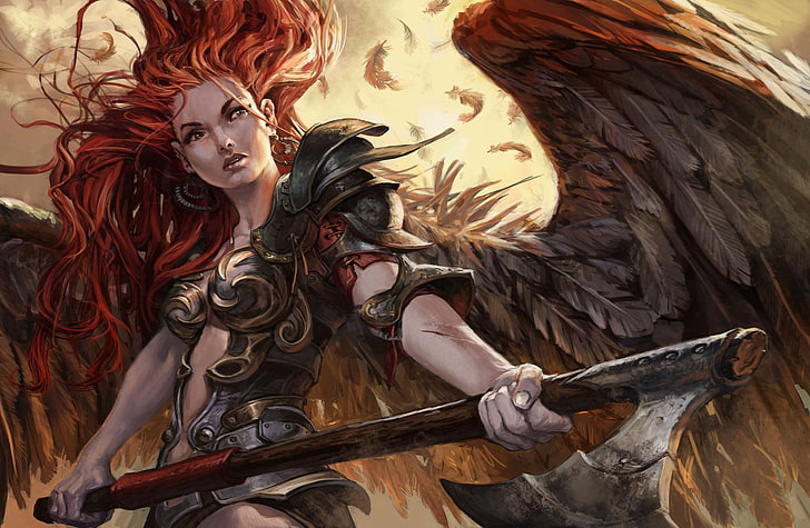 carta da parati personaggio femminile anime, guerriera, angelo, fantasy art, Sfondo HD