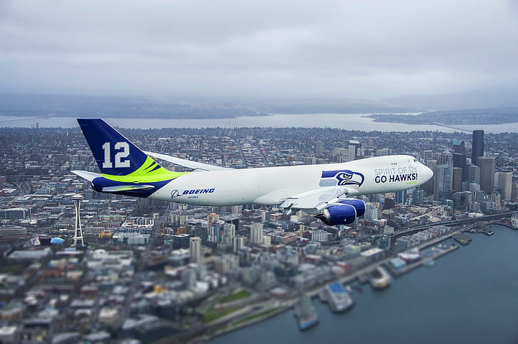 aircraft, airliner, airplane, boeing, football, nfl, plane, seahawks, seattle, HD wallpaper