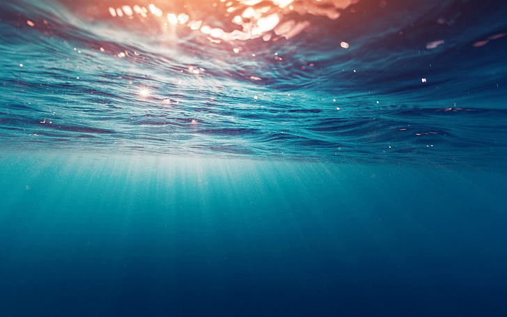 blue water, sunrays passing through underwater, underwater, water, sun rays, nature, cyan, HD wallpaper