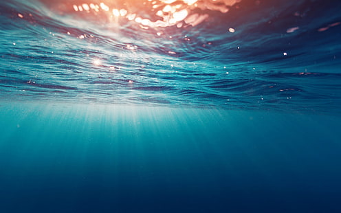 blue water, sunrays passing through underwater, underwater, water, sun rays, nature, cyan, HD wallpaper HD wallpaper