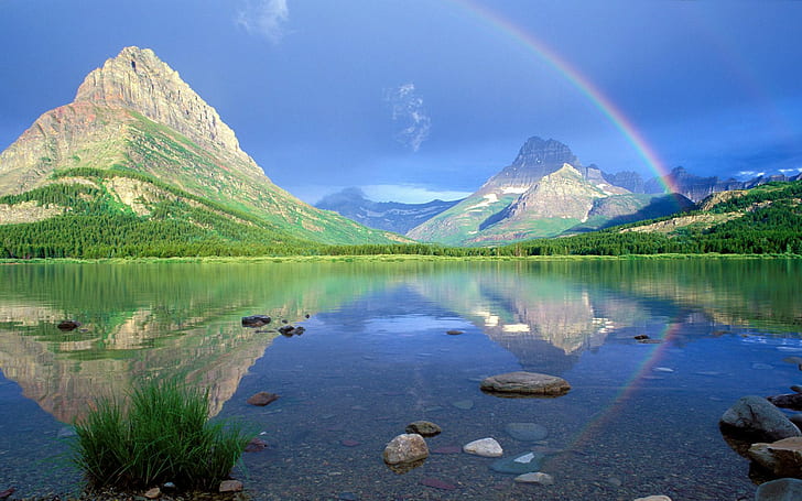 rainbows, mountains, nature, reflection, HD wallpaper