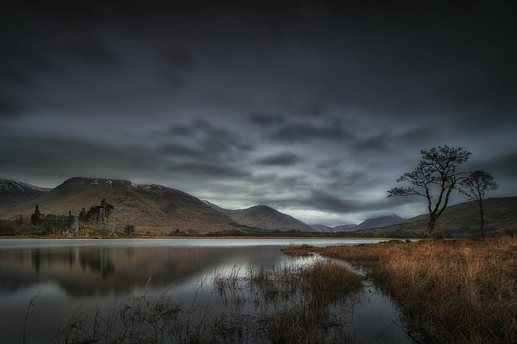 body of water near mountain under cloudy sky, loch awe, loch awe, Loch Awe, body of water, cloudy, sky, andi, com, campbell, jones, photography, scotland, castle  mountain, kilchurn, dawn, light, clouds, moody, highlands, nature, mountain, landscape, lake, scenics, outdoors, water, HD wallpaper