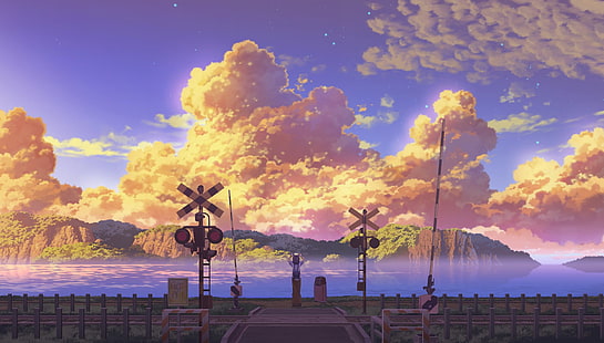 Anime, Original, Wolke, Erde, Mädchen, Eisenbahn, Landschaft, Meer, Himmel, Sterne, Sonnenuntergang, HD-Hintergrundbild HD wallpaper