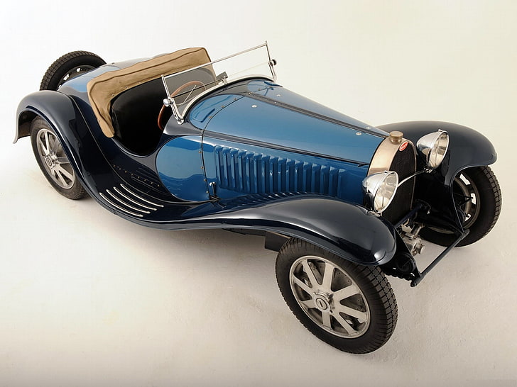 винтажный сине-черный автомобиль, Bugatti, кабриолет, классика, HD обои