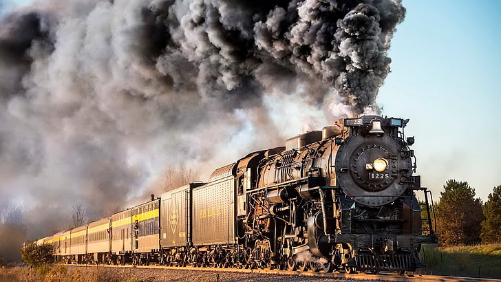 transport, dampfmaschine, schiene, schienenverkehr, lokomotive, zug, fahrzeug, motor, dampf, rollendes material, baum, dampflokomotive, rauch, HD-Hintergrundbild