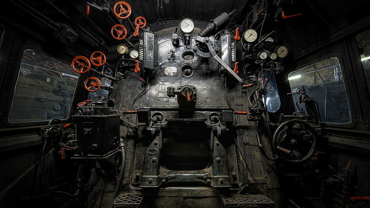 panel kontrol kereta abu-abu vintage, kereta api, lokomotif uap, fotografi, interior kendaraan, Wallpaper HD