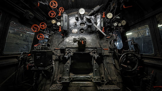 panel kontrol kereta abu-abu vintage, kereta api, lokomotif uap, fotografi, interior kendaraan, Wallpaper HD HD wallpaper