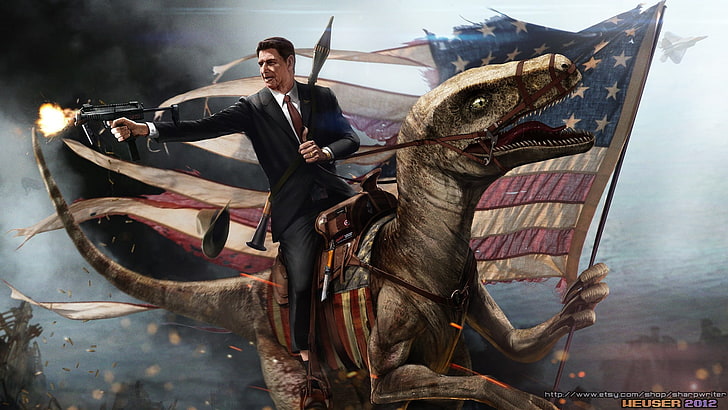 papel de parede de dinossauro montando homem, humor, arte digital, Ronald Reagan, bandeira, dinossauros, arma, HD papel de parede