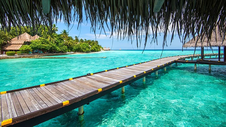 Maldivas, agua, agua clara, bungalow, tropical, Fondo de pantalla HD