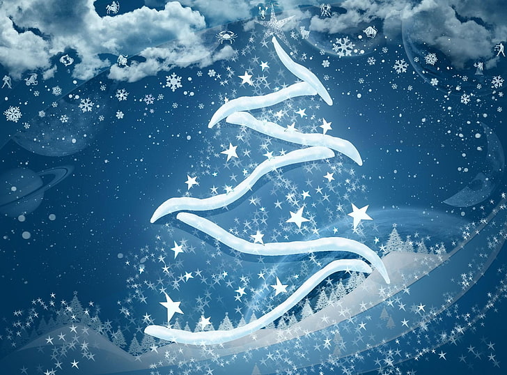 blue and white Christmas tree wallpaper, christmas tree, snowflakes, stars, clouds, planets, zodiac signs, HD wallpaper