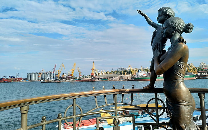 Morski pomnik w Odessie, Ukraina, morze, rzeźba, pomnik, Ukraina, dziecko, matka, Tapety HD
