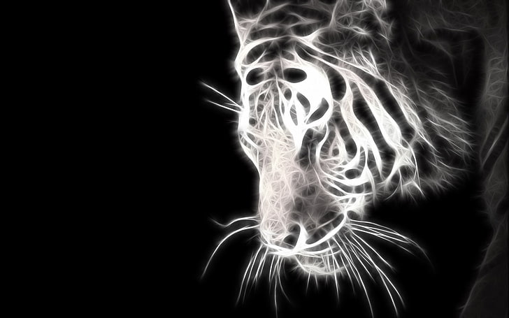 svart fraktual Tiger in White Animals Cats HD Art, svart, vit, tiger, fraktual, HD tapet