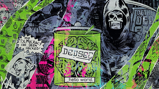 hello world comic wallpaper, DEDSEC, Watch_Dogs, hacking, Democracy, Hello World, Watch_Dogs 2, HD wallpaper HD wallpaper