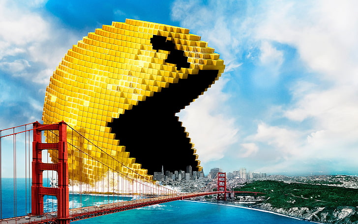 Pacman иллюстрация, Pac-Man на мосту Золотые Ворота, отредактированное фото, цифровое искусство, природа, пейзаж, море, облака, мост, городской пейзаж, город, Сан-Франциско, США, мост Golden Gate, Pac-Man, видеоигры, пиксели, еда,юмор, куб, небоскреб, здание, деревья, побережье, утес, волны, синий, желтый, старые игры, Pacman, фильмы, HD обои