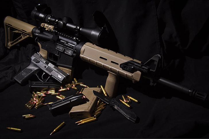 beżowo-czarny karabin szturmowy, pistolet, broń, nóż, AR-15, karabin szturmowy, CZ P-07, Tapety HD