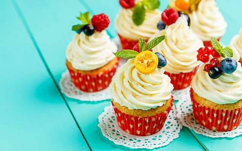 Cupcakes, cupcake, red, fruit, food, wood, blue, dessert, sweet, HD wallpaper HD wallpaper