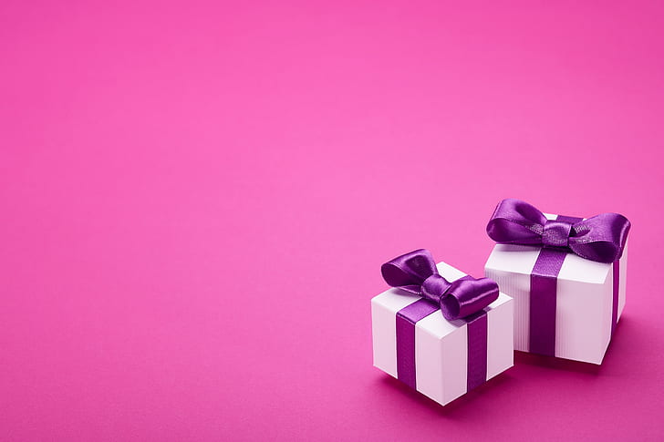 gift, tape, bow, box, pink, present, puple, satin, HD wallpaper
