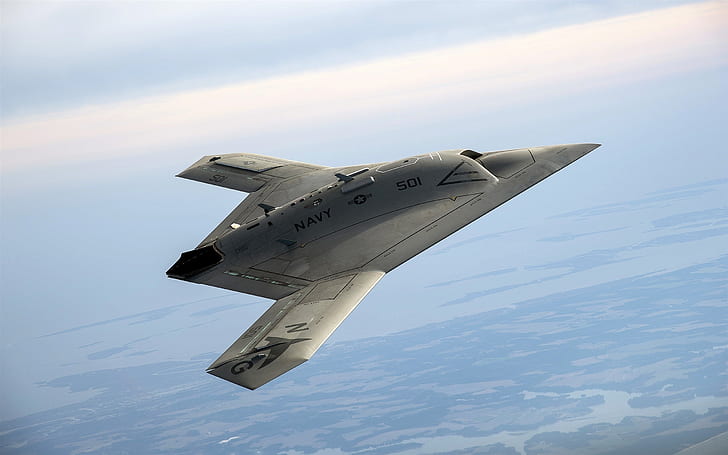 X-47B Pegasus, drone, sky, USA, gray navy fighter plane, Pegasus, Drone, Sky, USA, HD wallpaper