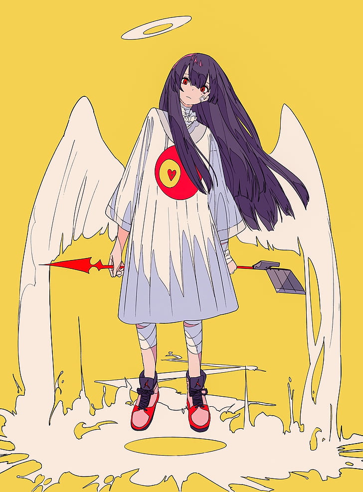 anime girls, anime, purple hair, yellow background, long hair, wings, red eyes, HD wallpaper