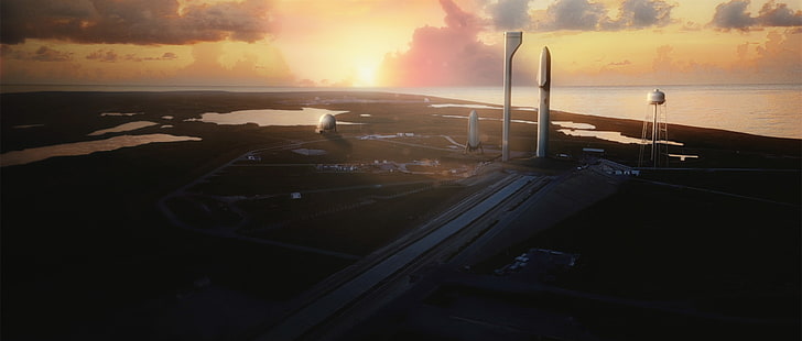 struttura in metallo nero e grigio, SpaceX, sistema di trasporto interplanetario, razzo, paesaggio, Sfondo HD HD wallpaper