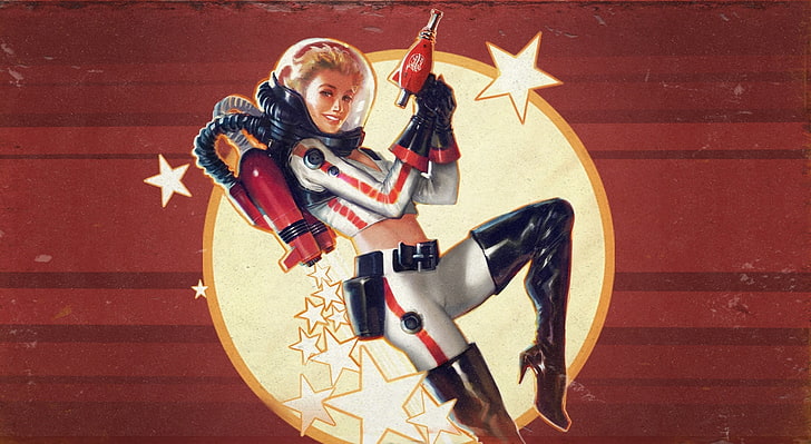 Fallout 4 Nuka World, woman holding weapon sticker, Games, Fallout, Space, Girl, Vintage, Game, Suit, Poster, Astronaut, Post-apocalyptic, pinup, fallout 4, videogame, Nuka-World, Nuka-Cola, spacegun, HD wallpaper