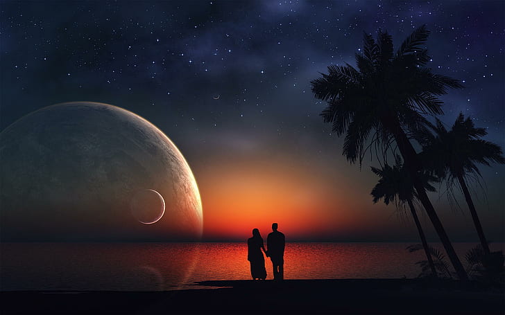 Lovers Dream, silhouette di coppia che cammina in riva al mare, sogno, innamorati, amore, Sfondo HD