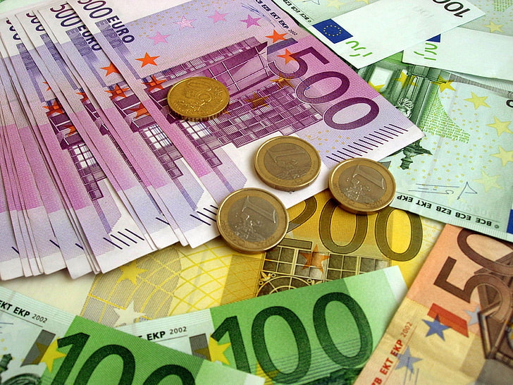 lot de billets en euros, argent, euros, billets de banque, pièces de monnaie, Fond d'écran HD