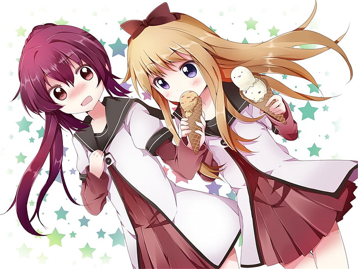 duas personagens de anime feminino de cabelos bege e cabelos roxos vestindo uniformes wallpaer, yuru yuri, meninas, sorvete, HD papel de parede