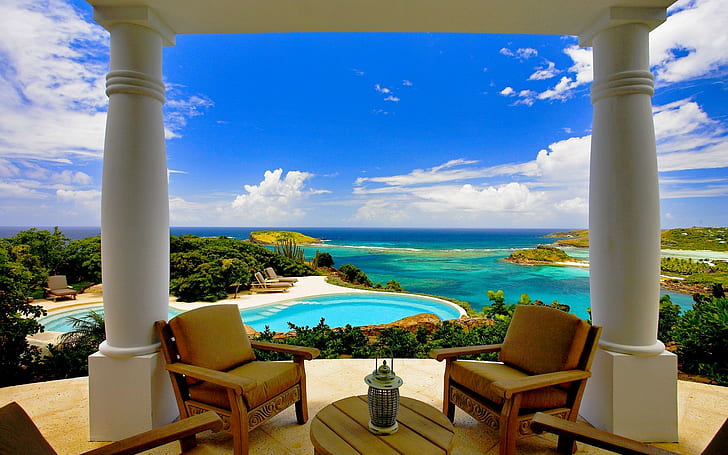 Vacaciones de verano, playa, vacaciones, lugar, terraza, verano, piscina, naturaleza y paisajes, Fondo de pantalla HD