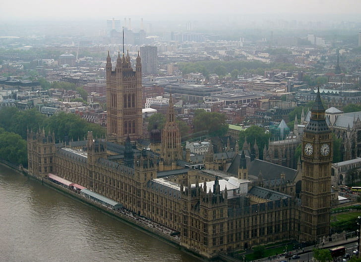 Изглед от окото на Лондон, дворец, часовник, кули, фотография, паметници, река, 3d и резюме, HD тапет