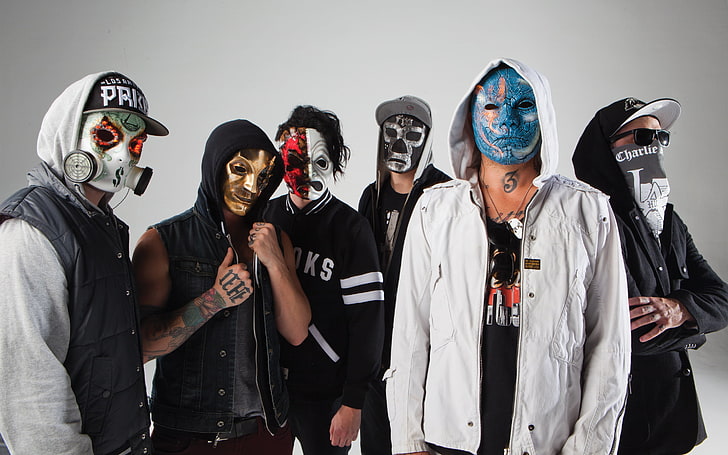white full-zip hoodie, J-Dog, Charlie Scene, Funny Man, Da Kurlzz, Hollywood Undead, mask, Danny, Johnny 3 Tears, Notes from the Underground, HD wallpaper