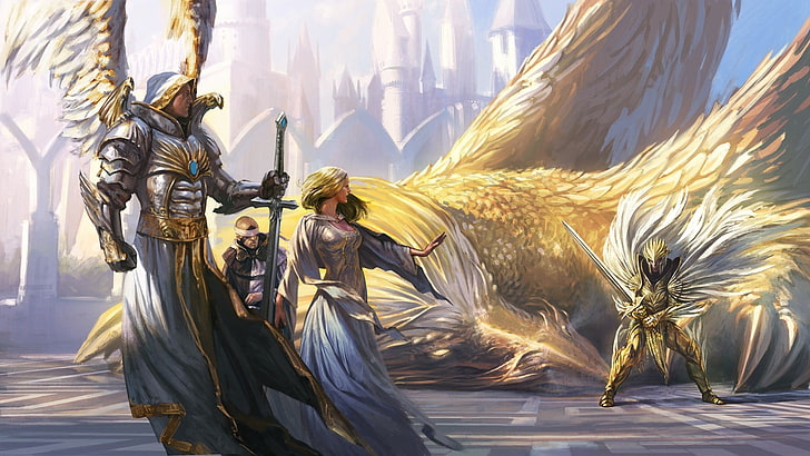 angel with swords wallpaper, Might And Magic, Heroes of Might and Magic, fantasy art, angel, wings, armor, sword, knight, women, Griffins, dragon, HD wallpaper