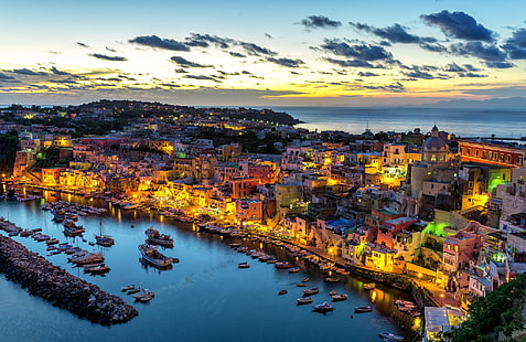 village houses, sea, sunset, building, port, Italy, panorama, promenade, harbour, The Bay of Naples, Gulf of Naples, Procida Island, Corricella, the island of Procida, HD wallpaper HD wallpaper