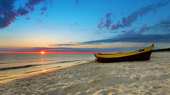 Boot auf dem Strand, Strand, Boot, Sonnenaufgang, 3d und Auszug, HD-Hintergrundbild HD wallpaper