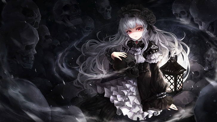 gotik anime kız, kafatasları, beyaz saç, elbise, fener, kırmızı gözler, Anime, HD masaüstü duvar kağıdı