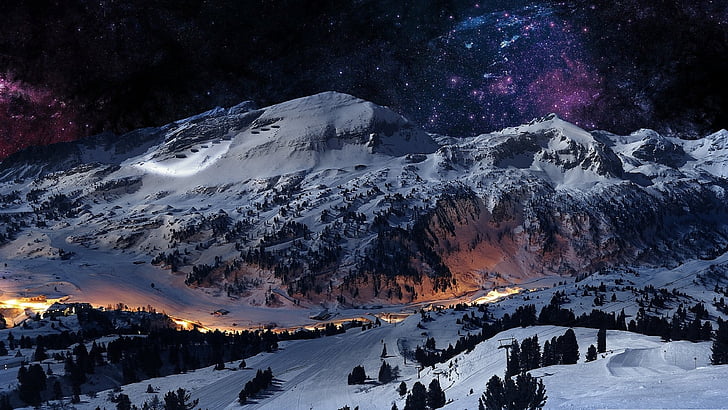 природа, небе, сняг, зима, звездно небе, планина, планинска верига, нощно небе, звезди, планинско село, нощ, масив, пейзаж, тъмнина, HD тапет