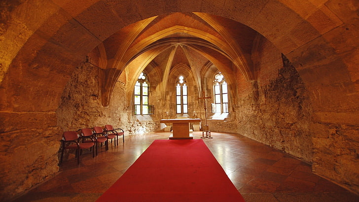 Meja kepercayaan, kastil, gereja, interior, salib, mezbah, kursi, Wallpaper HD