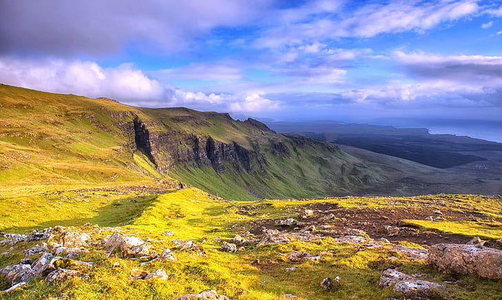 mountain covered with green grass, skye, skye, Coire, Isle of Skye, mountain, covered, green grass, Scotland, the storr, Trotternish, nature, iceland, landscape, outdoors, scenics, grass, hill, rock - Object, sky, summer, HD wallpaper
