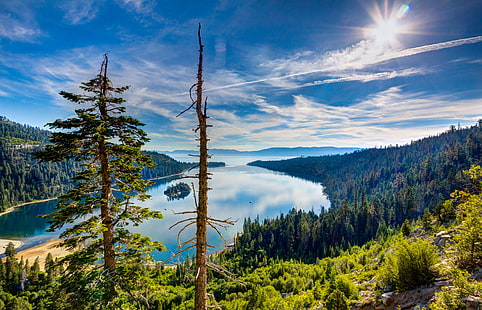 USA, California, Lake Tahoe, sun, USA, rocks, sky, clouds, forest, trees, mountains, California, top view, lake, Tahoe, Lake Tahoe, HD wallpaper HD wallpaper