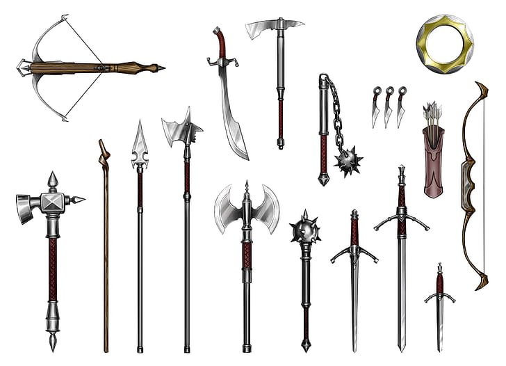 spears, crossbow, quiver, mace, flail, long sword, scimitar, was hammer, short sword, battle axes, halberds, bow and arrows, HD wallpaper