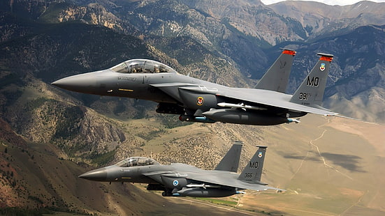 iki gri savaş uçakları, askeri uçak, uçak, jetler, gökyüzü, F-15 Kartal, hava kuvvetleri, jet avcı uçağı, askeri, F15 Eagle, uçak, HD masaüstü duvar kağıdı HD wallpaper